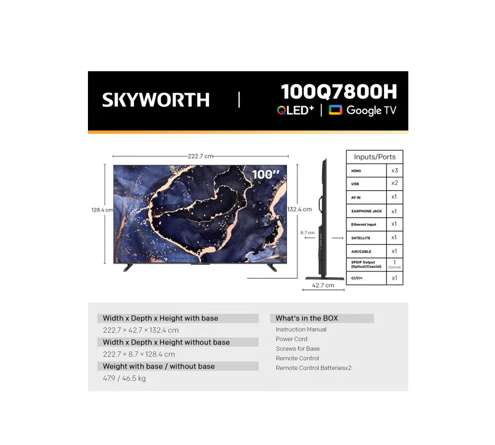 SKYWORTH 100Q7800H - 100" Max QLED+, Matt Screen, USB, HDMI, 144Hz, 3+32GB (Google TV) - Image 9
