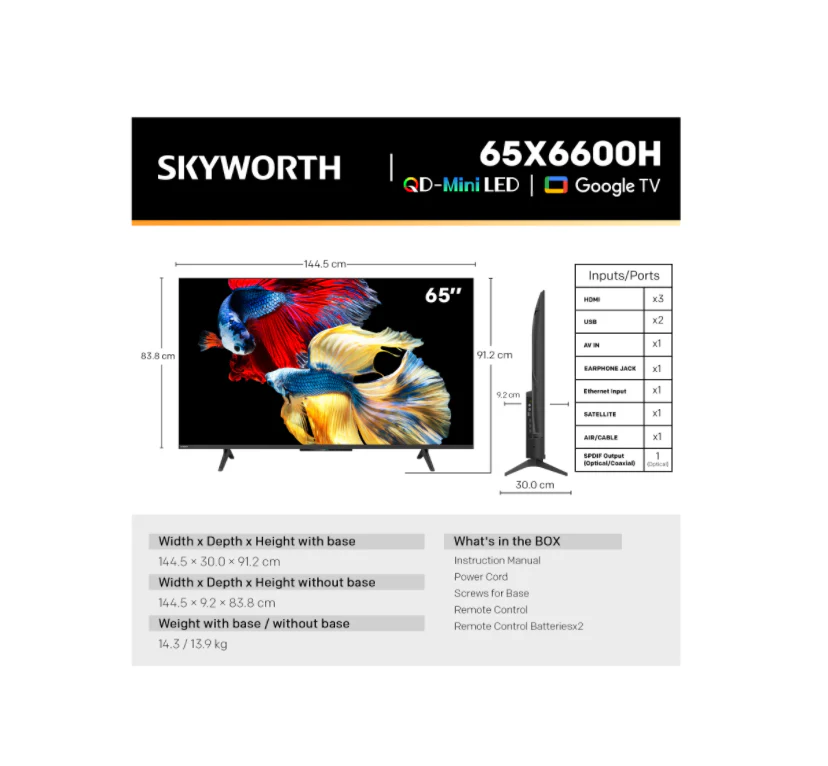 SKYWORTH 65X6600H- 65" QD-Mini LED, MATT Screen, (120 HSR) Hz (Google TV) - Image 6